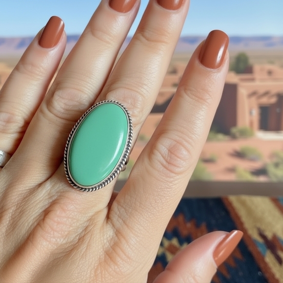 Native American Jewelry - Sterling Silver Native American green stone ring size 8 fine Vintage Jewelry